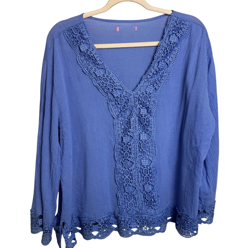 Isaac Mizrahi blue purple crochet embellished boho top festival grannycore